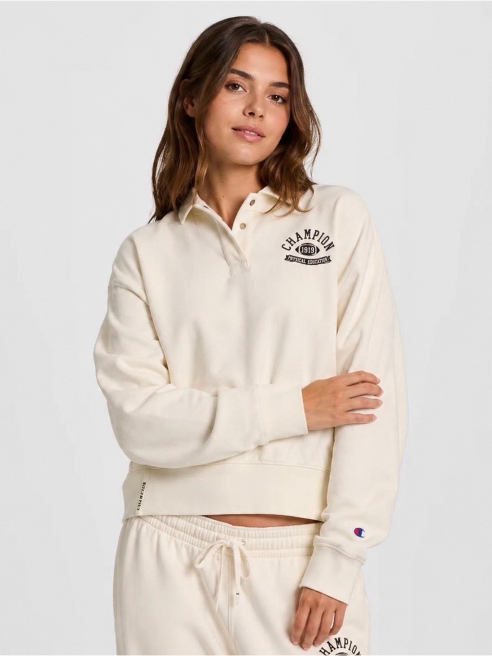 Champion Women's Long Sleeve Fleece 1/4 Snap Cropped Pullover Cream Size L